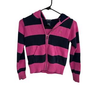 Ralph Lauren Kids Hoodie Youth Medium Striped Pink Navy Cotton Zip Polo Preppy